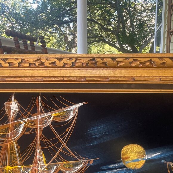 1960s 1970s Velvet Vintage Hand Painted Pirate Ship Nautical Ship Scene Art In O - Picture 6 of 11